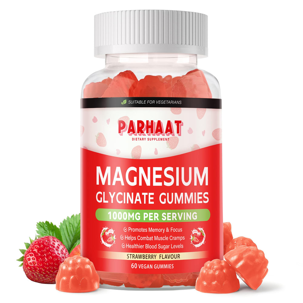 Magnesium Glycinate Gummies 60 Strawberry Chews bottle and gummies