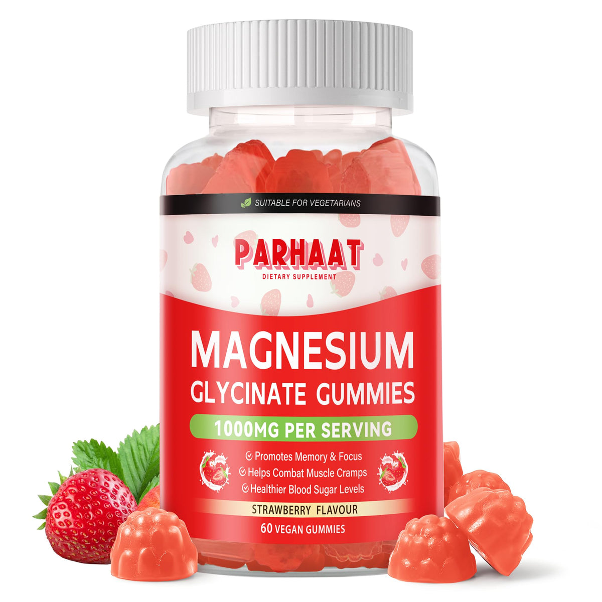 Magnesium Glycinate Gummies 60 Strawberry Chews bottle and gummies