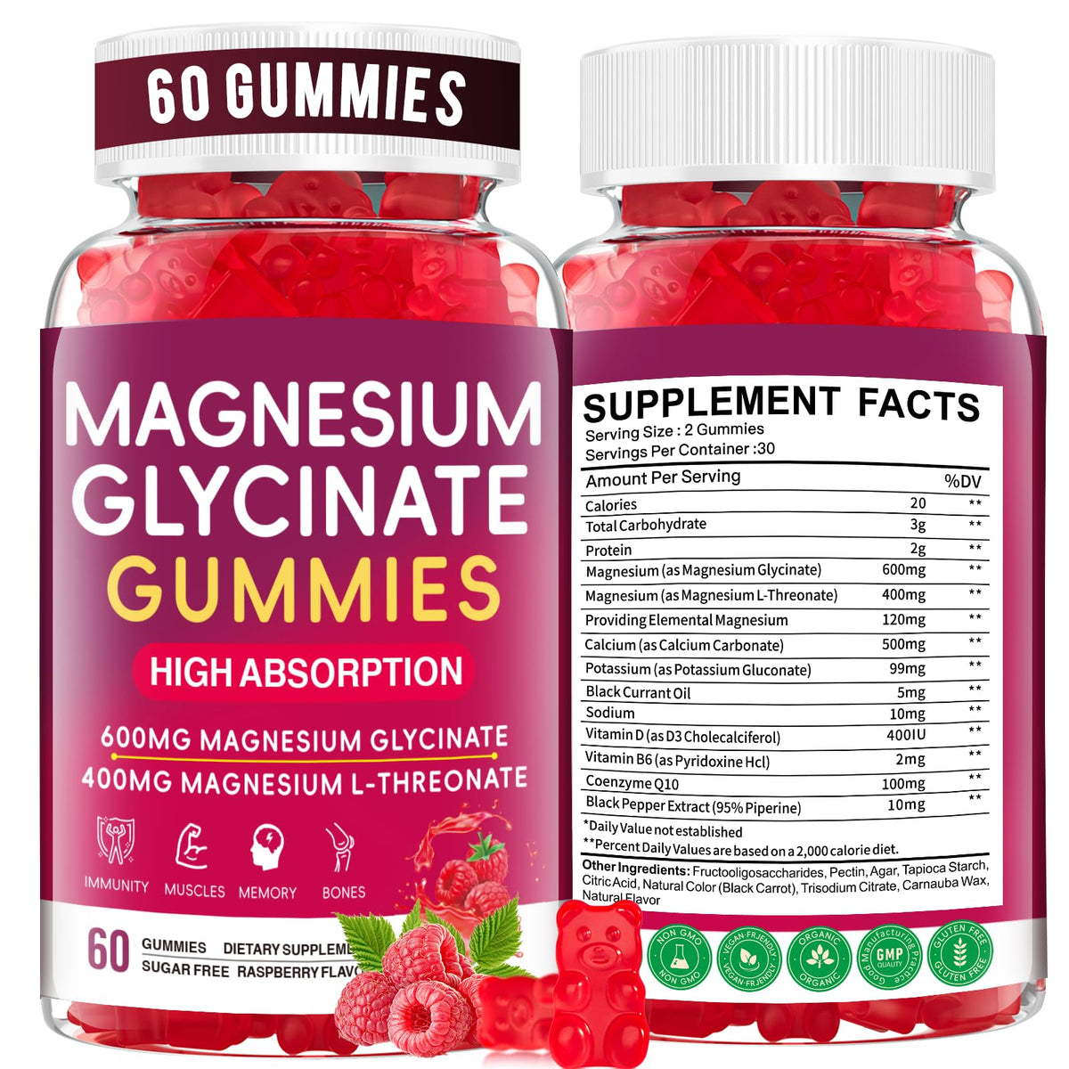 Front of bottle of Magnesium Glycinate Gummies Raspberry 60 Count