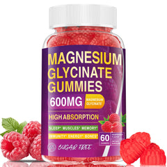 Raspberry-flavored Magnesium Glycinate Gummies bottle and gummies