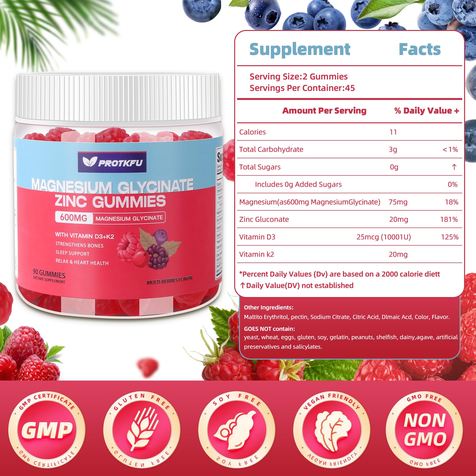 Gummy bottle label highlighting zinc, vitamin D3, and vitamin K2 for immunity and sleep