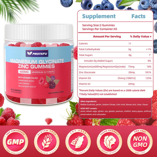 Gummy bottle label highlighting zinc, vitamin D3, and vitamin K2 for immunity and sleep