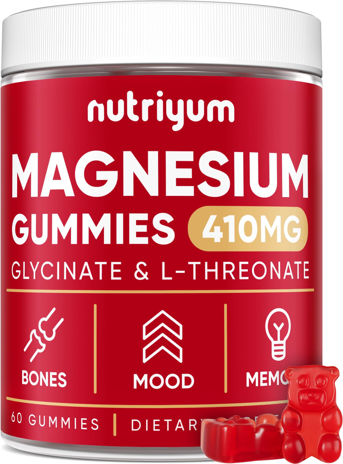 Hero image: bottle of Magnesium Glycinate Gummies, 60-count, with 410 mg elemental magnesium per gummy.