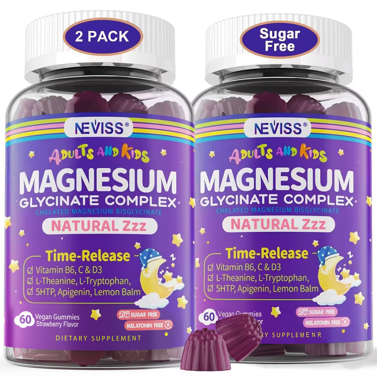 Front view of Magnesium Glycinate Gummies for adults and kids 4+ in a 2-pack