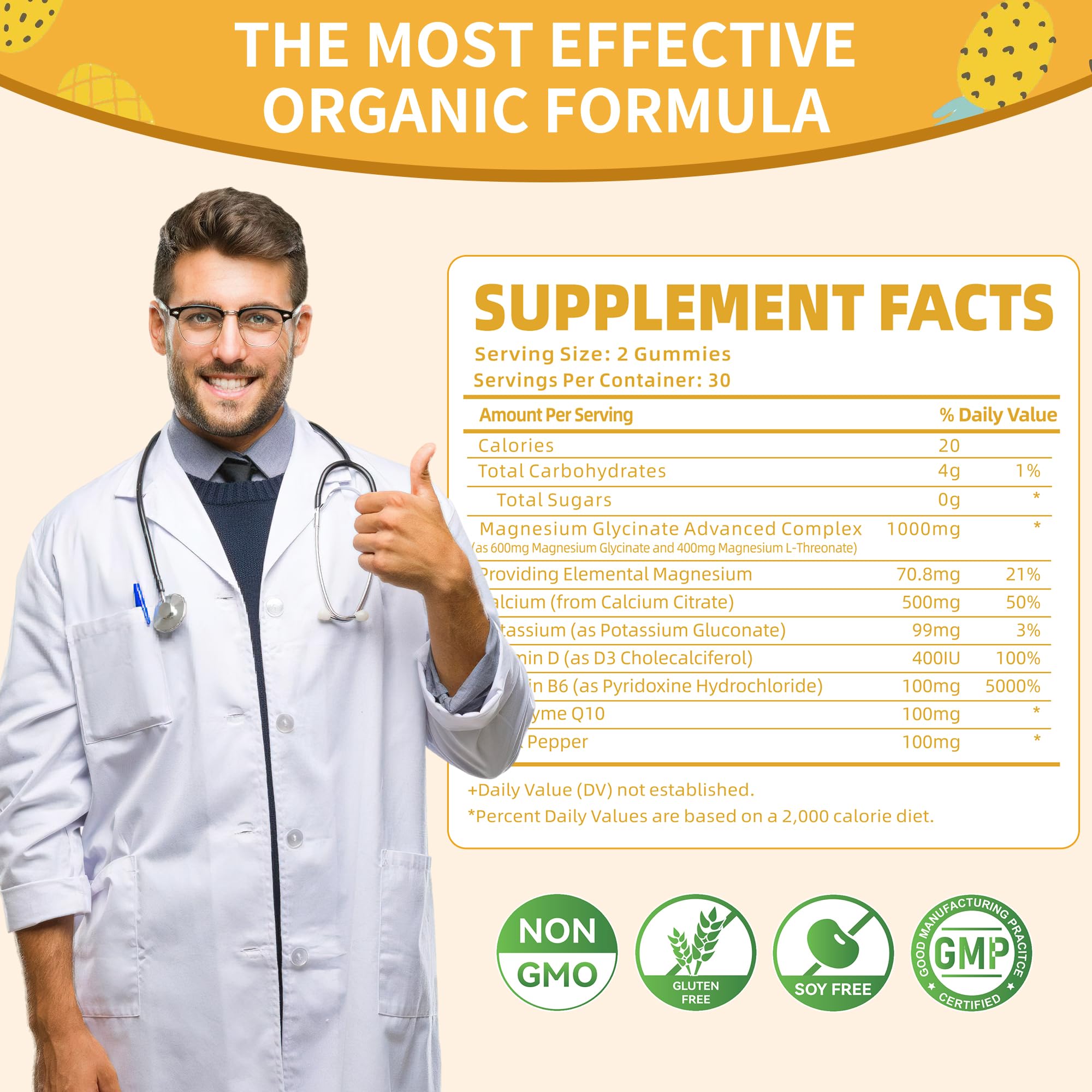 Dosage illustration showing two gummies per day