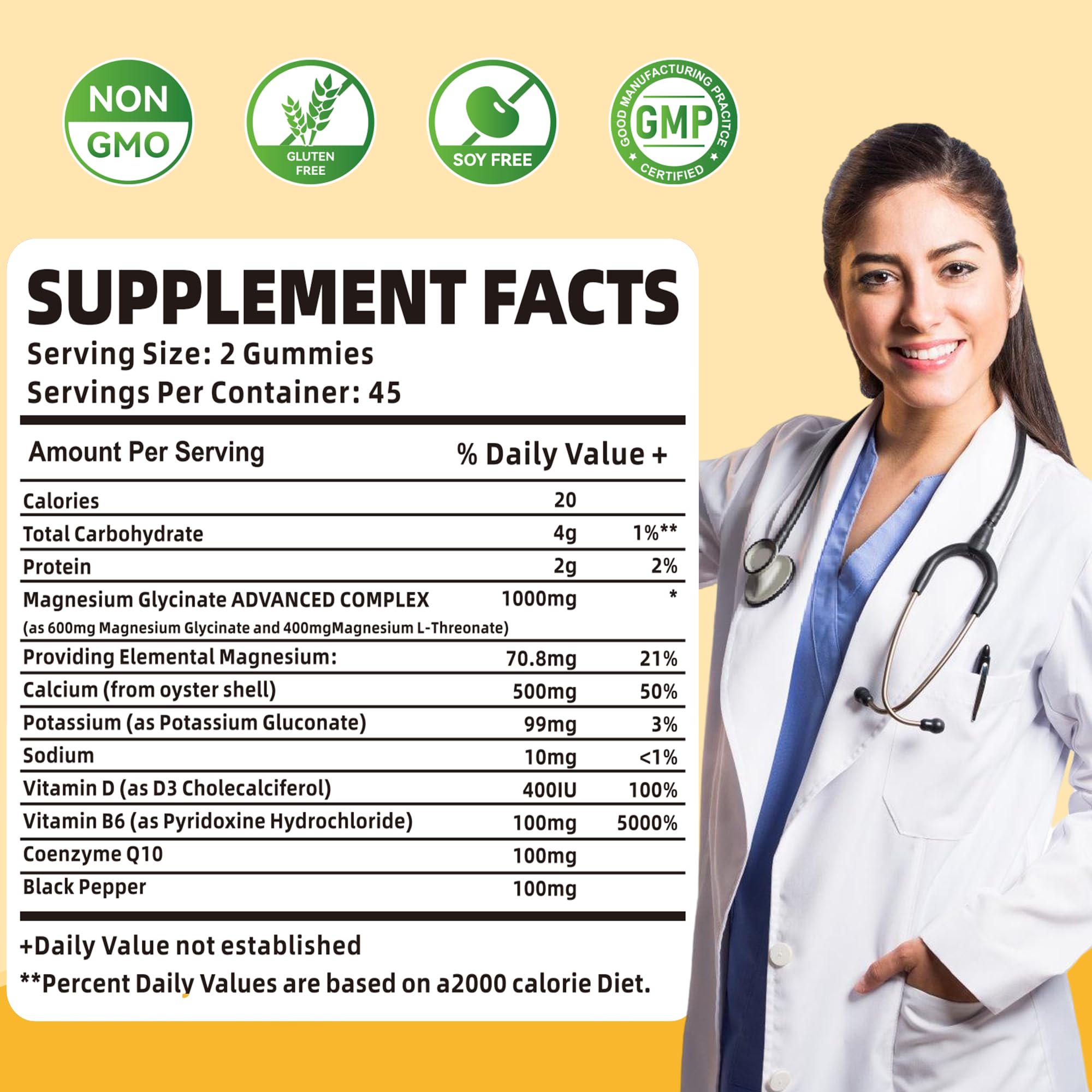 Ingredient panel showing magnesium glycinate, vitamin D, B6, CoQ10 and potassium