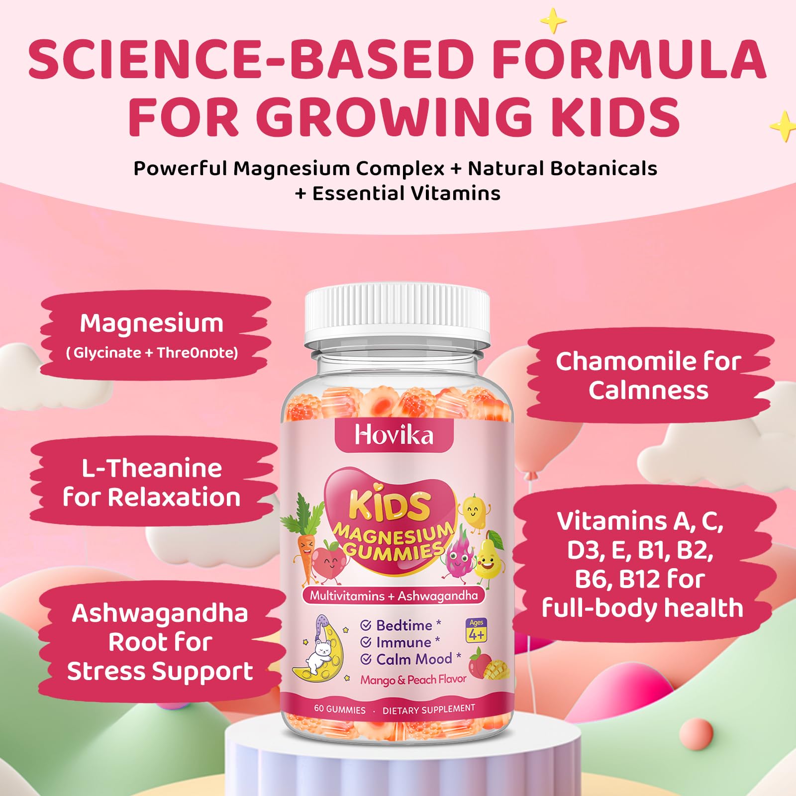 Gummies ingredients: magnesium glycinate, L-Theanine, Chamomile, Ashwagandha