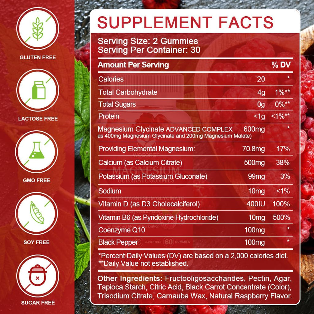 Ingredients panel showing magnesium glycinate, magnesium malate, vitamin D, B6, and CoQ10