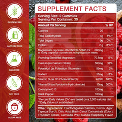 Ingredients panel showing magnesium glycinate, magnesium malate, vitamin D, B6, and CoQ10