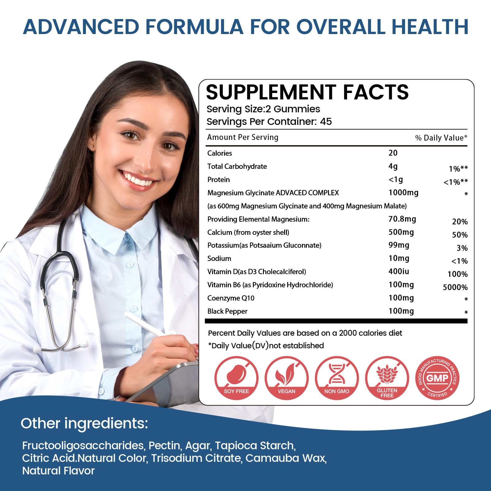 Ingredients graphic highlighting vegan, sugar-free gummies