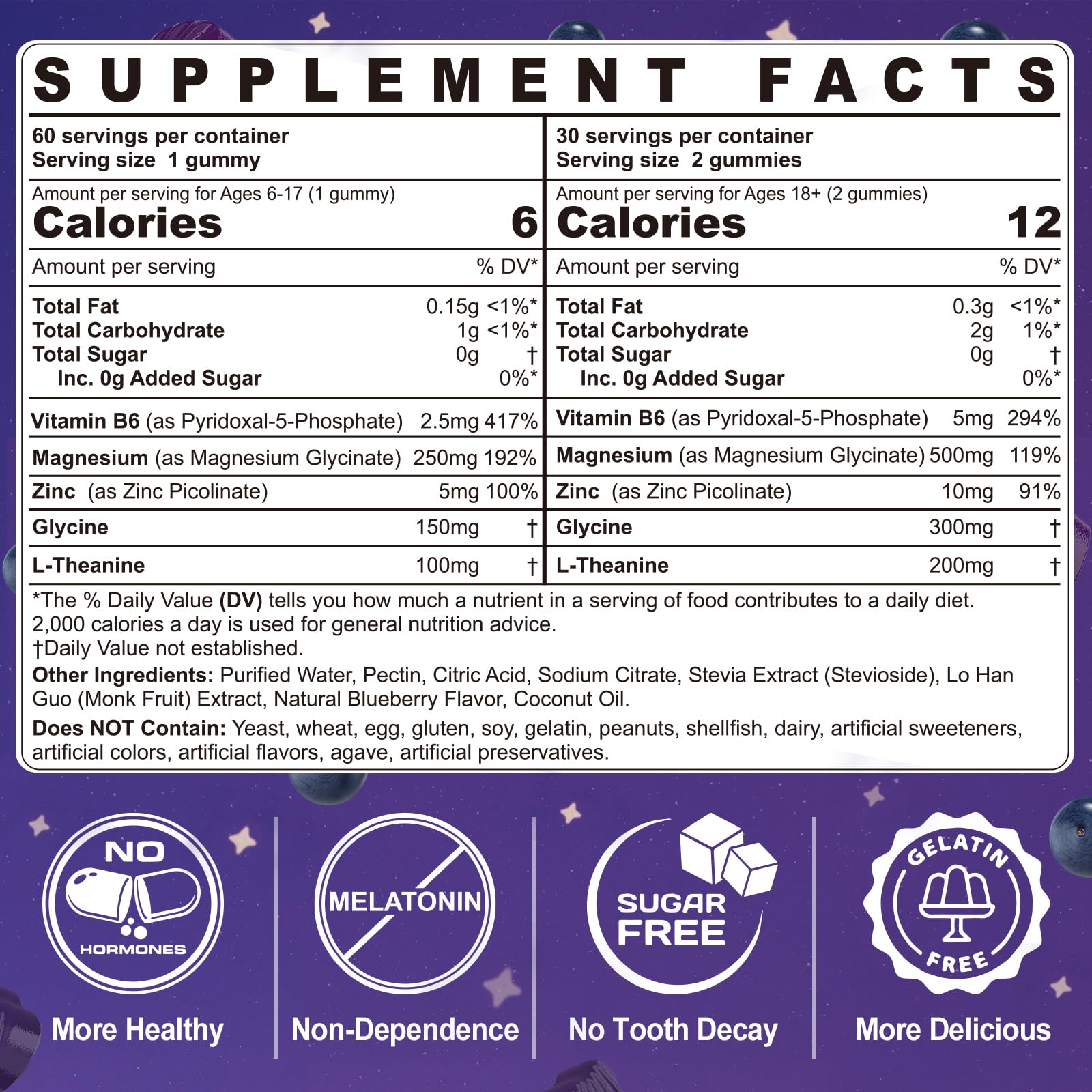Back and ingredient panel showing magnesium glycinate, glycine, L-theanine, B6 and zinc