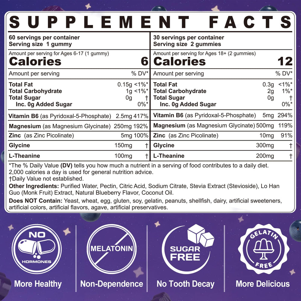 Back and ingredient panel showing magnesium glycinate, glycine, L-theanine, B6 and zinc