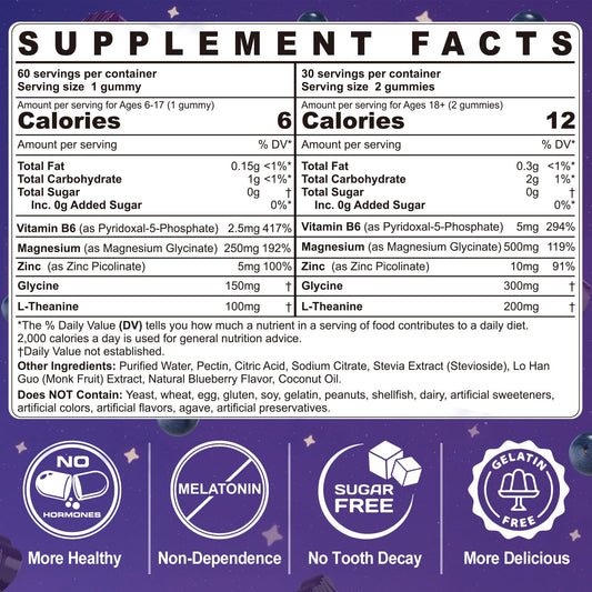 Back and ingredient panel showing magnesium glycinate, glycine, L-theanine, B6 and zinc