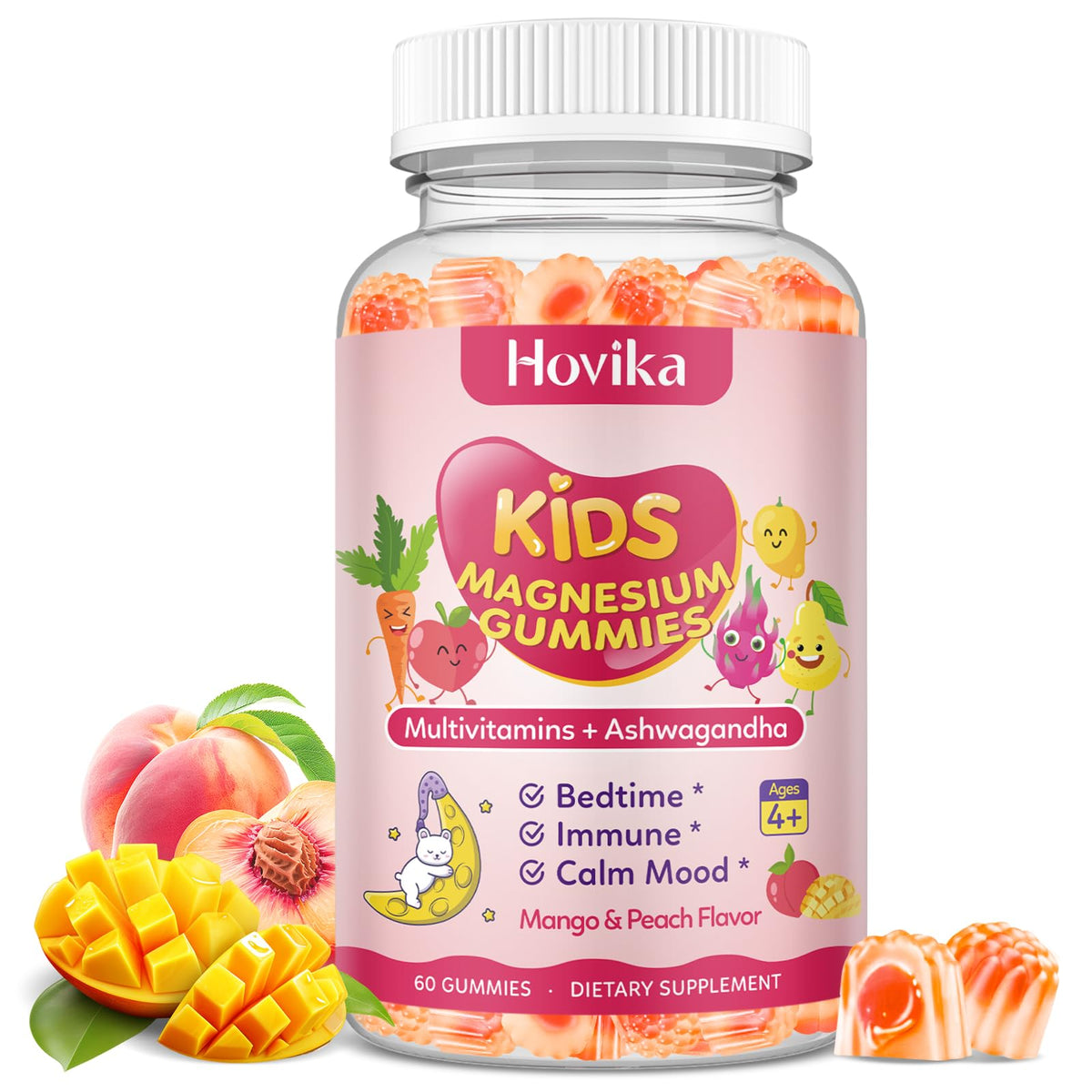 Center-filled magnesium glycinate gummies for kids – Peach & Mango flavor, 60 count