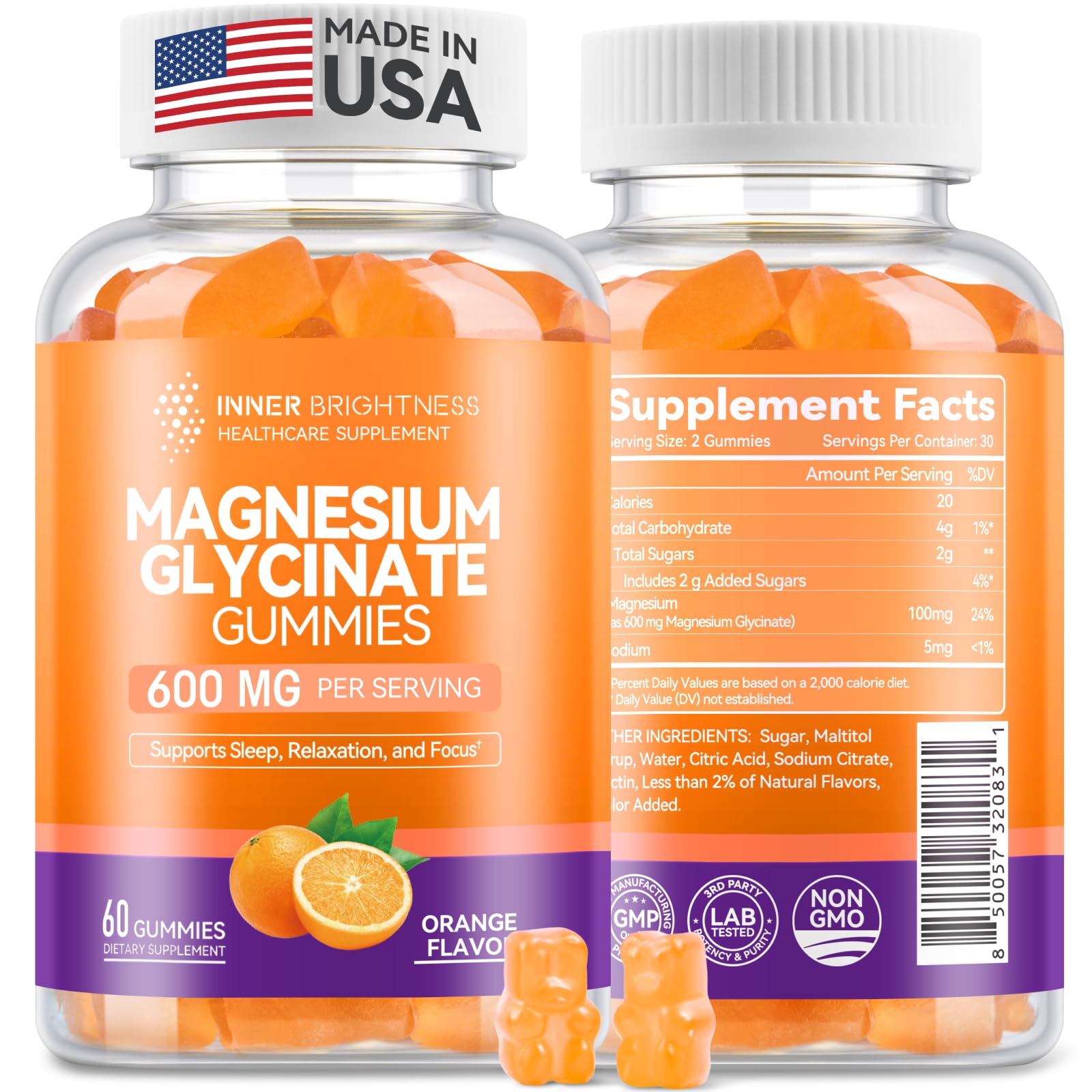 Front view of Magnesium Glycinate Gummies Orange flavor bottle, 60 count