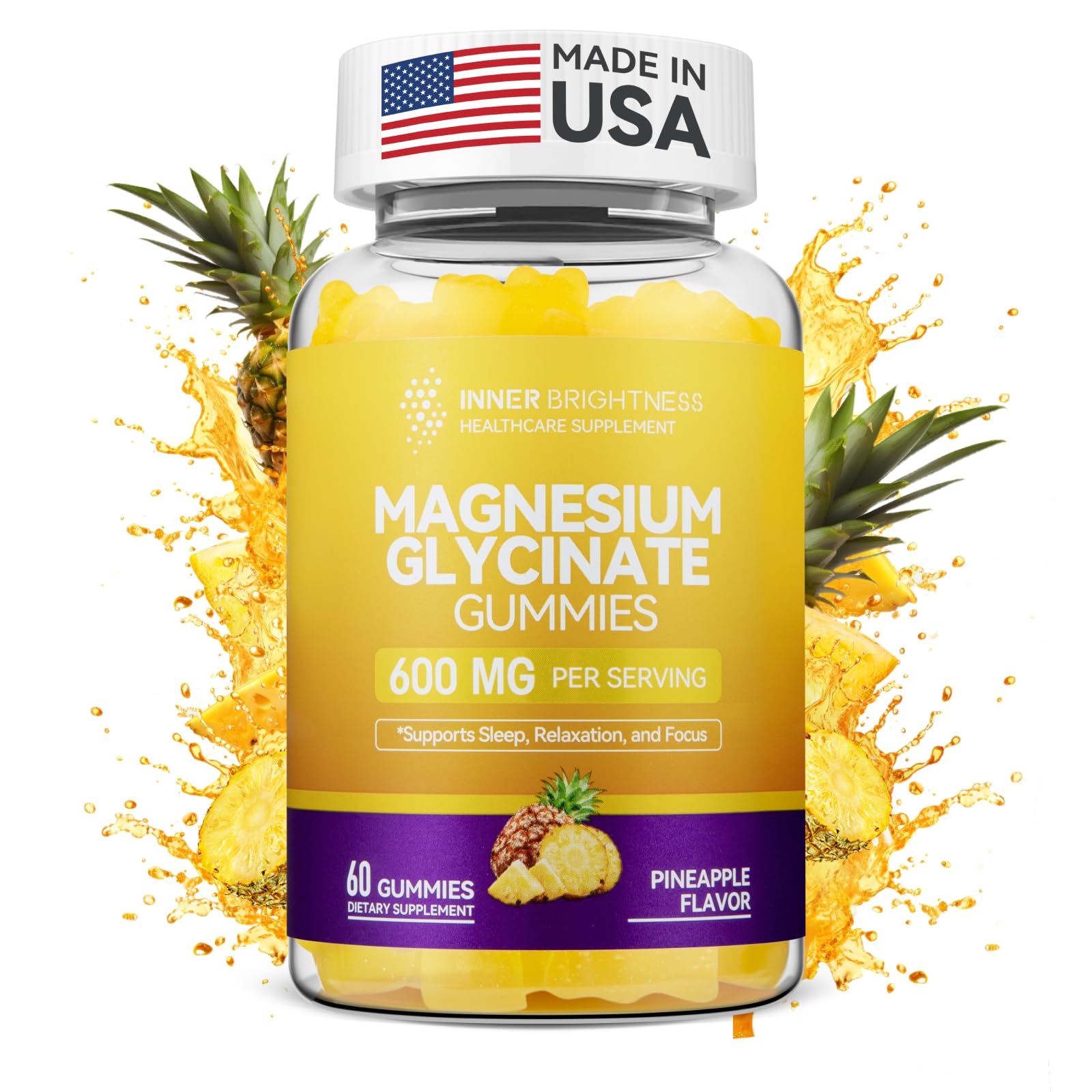 Magnesium Glycinate Gummies Pineapple 600mg bottle front view