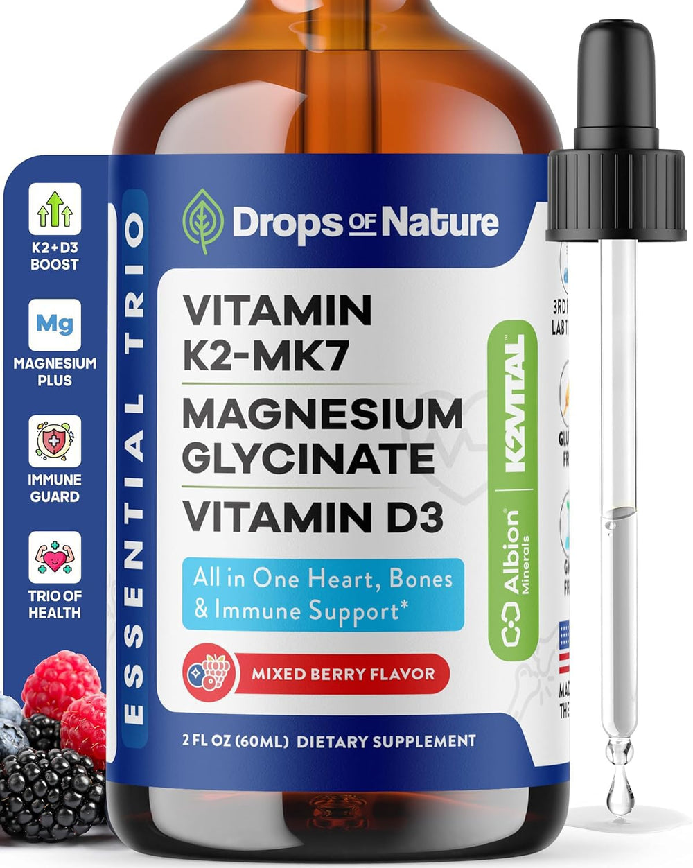 Magnesium Glycinate + K2 & D3 liquid bottle with mixed berry flavor