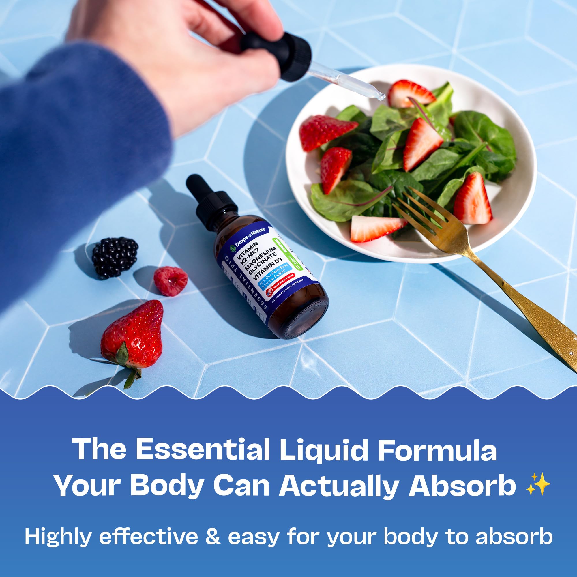 Close-up of ingredients: magnesium glycinate, vitamin K2 and D3