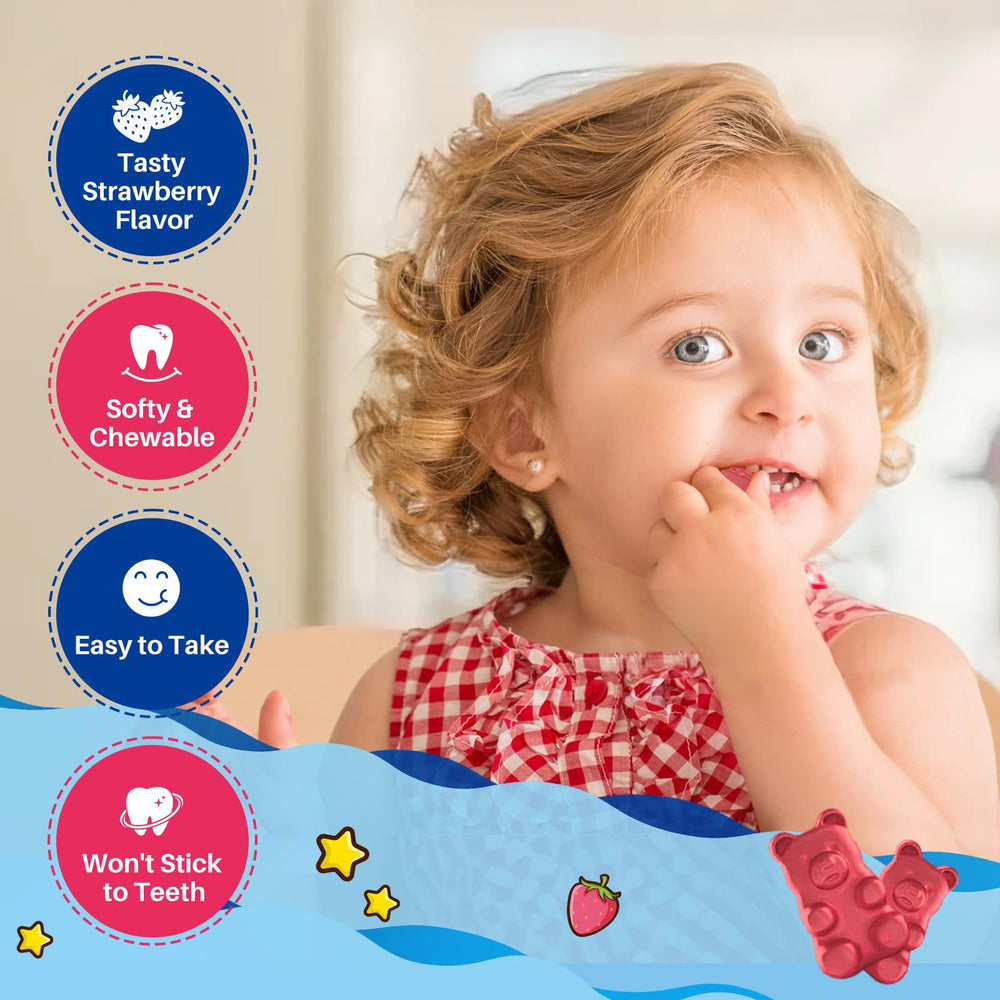 Gummies served on a spoon with strawberry background