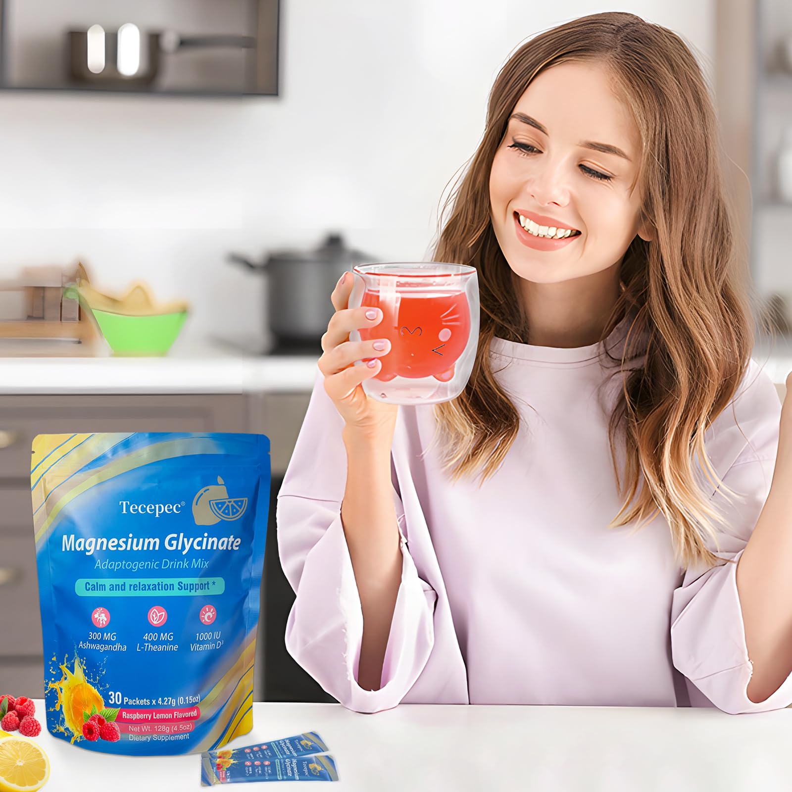 Ingredient panel showing magnesium glycinate, L-Theanine, ashwagandha and vitamin D3