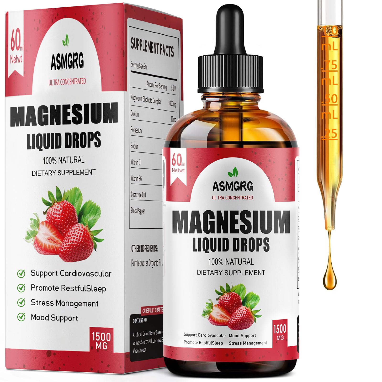Magnesium Glycinate Liquid Drops bottle with strawberry flavor label