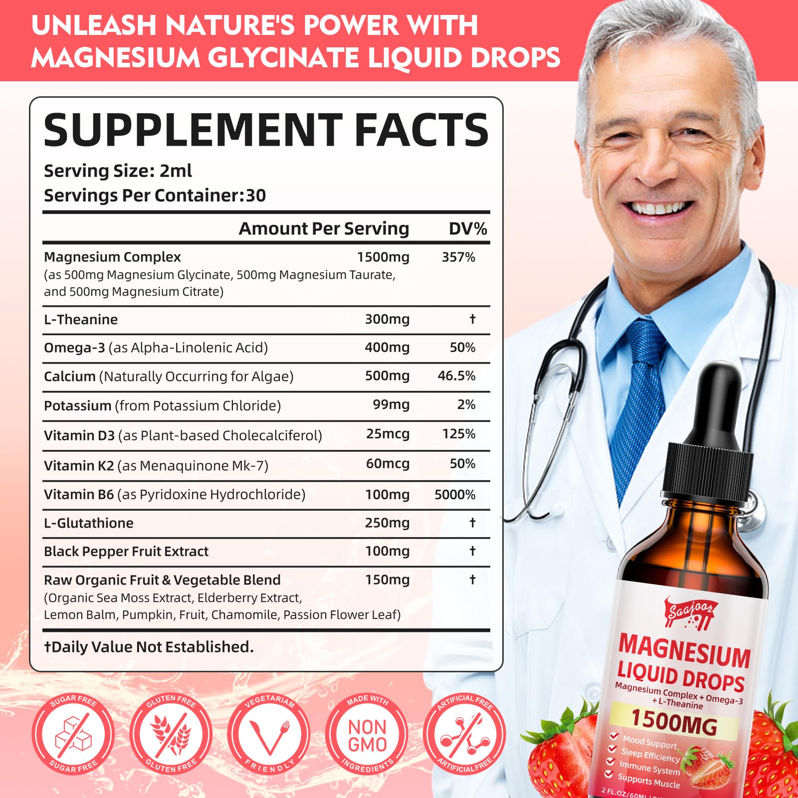 Ingredient panel showing 1500mg magnesium glycinate and added nutrients