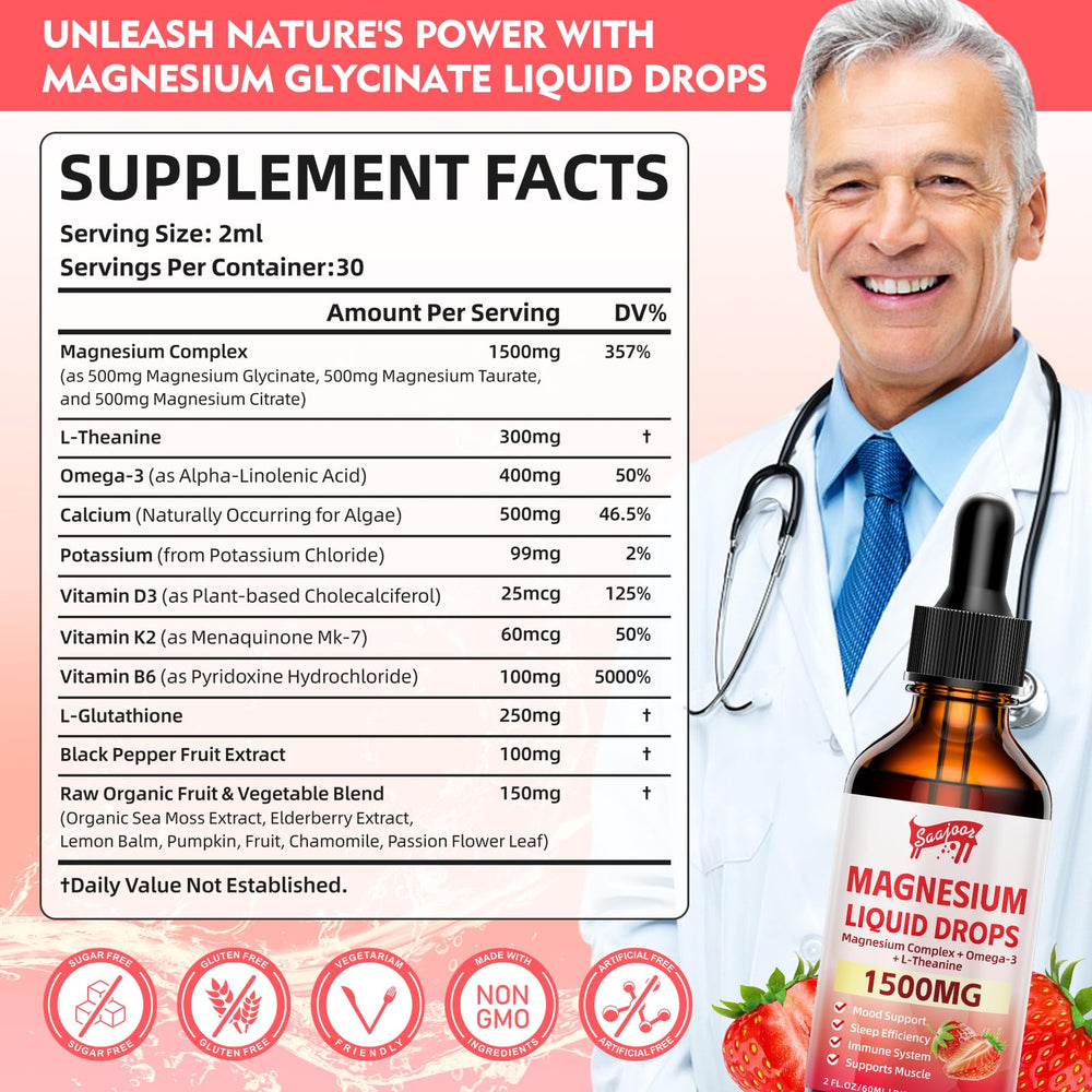 Ingredient panel showing 1500mg magnesium glycinate and added nutrients