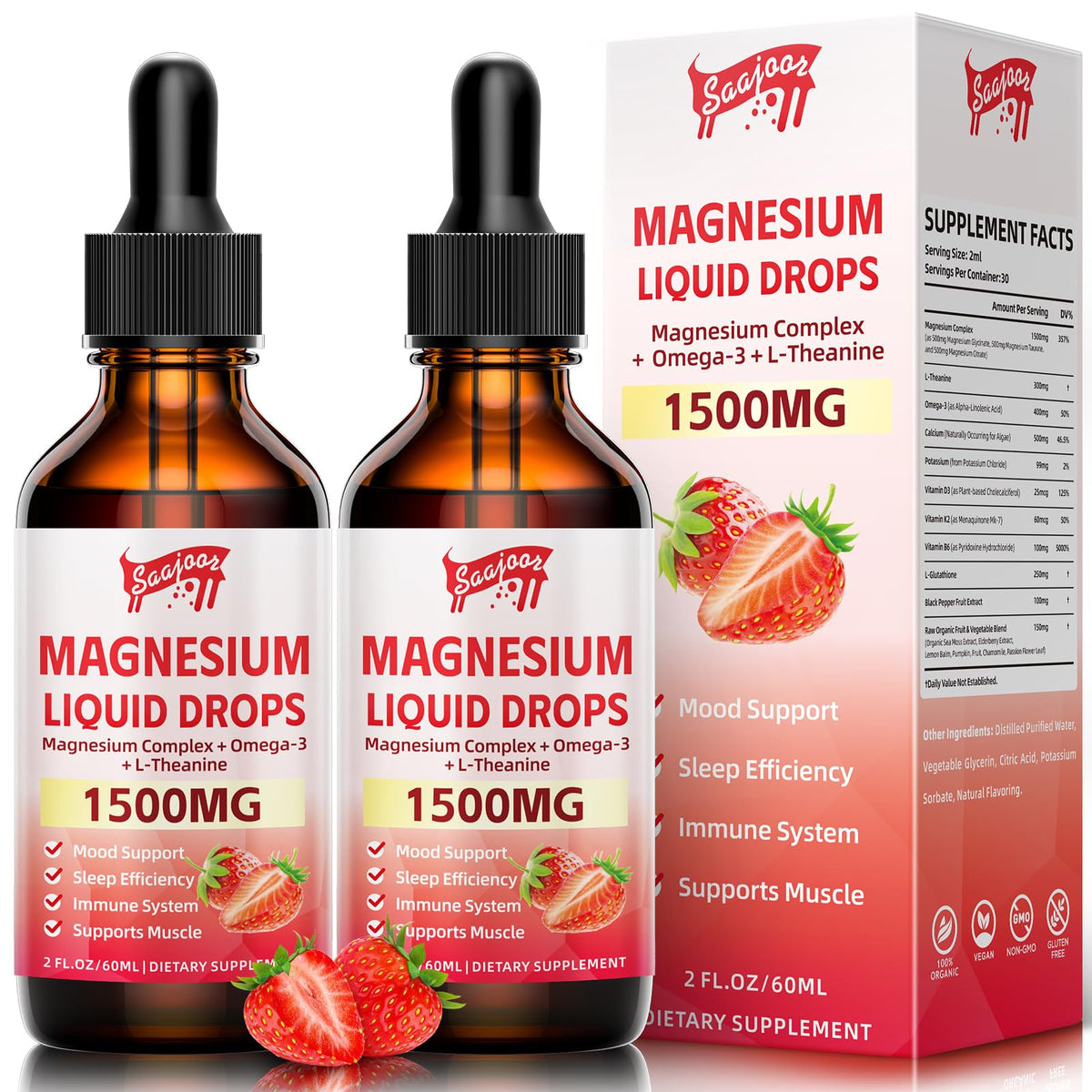 Two bottles of magnesium glycinate liquid drops with strawberry flavor, 4 oz each