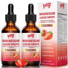 Two bottles of magnesium glycinate liquid drops with strawberry flavor, 4 oz each