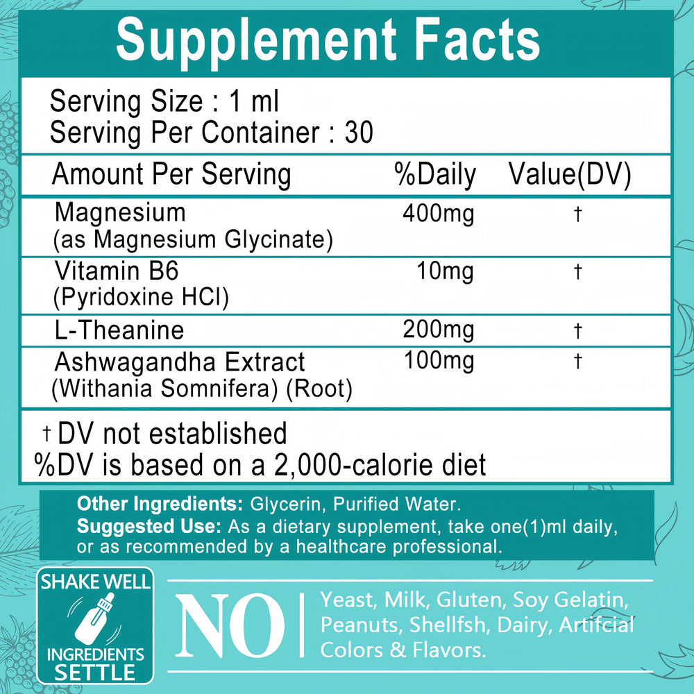 Non-GMO and gluten-free label on Magnesium Glycinate Liquid Drops bottle