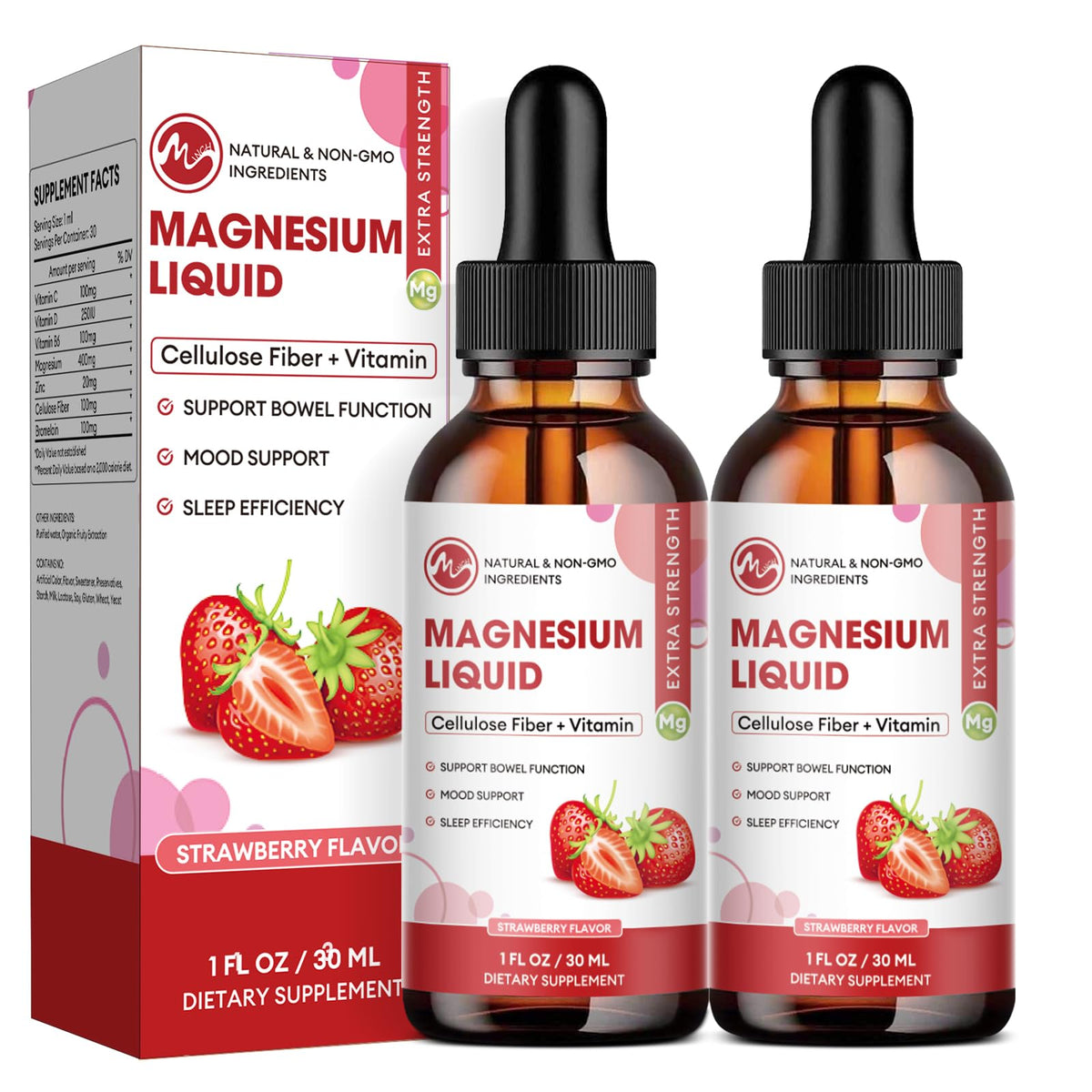 Front view of M inch Magnesium Glycinate Liquid bottle with strawberry flavor