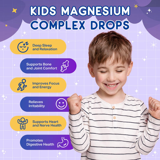 Illustration of magnesium forms glycinate, malate, taurate, and citrate for kids