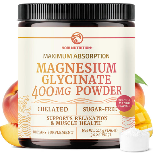 Magnesium Glycinate Powder 400mg peach mango flavor jar with scoop