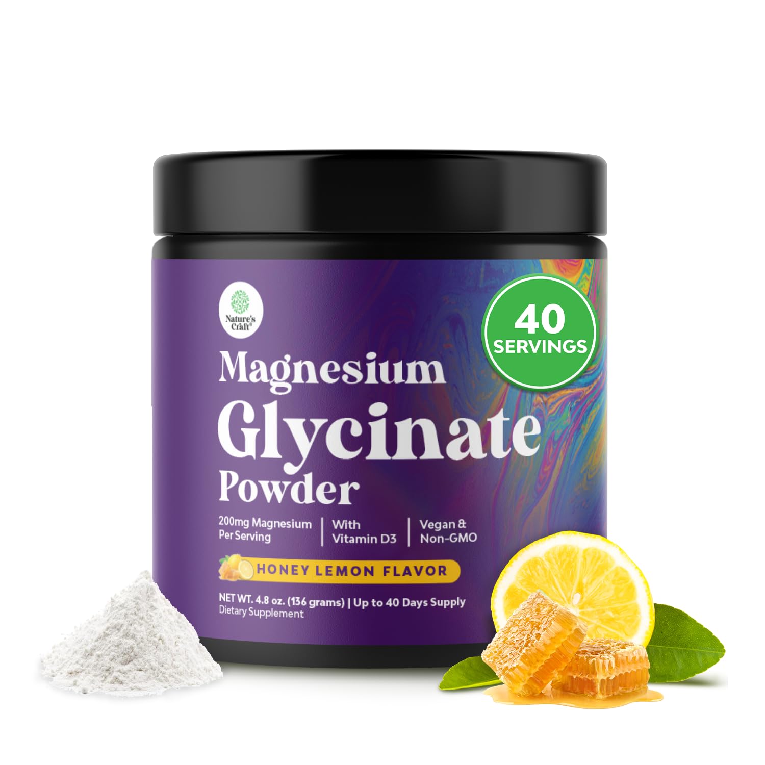 High-absorption magnesium glycinate powder with honey lemon flavor (40 servings)