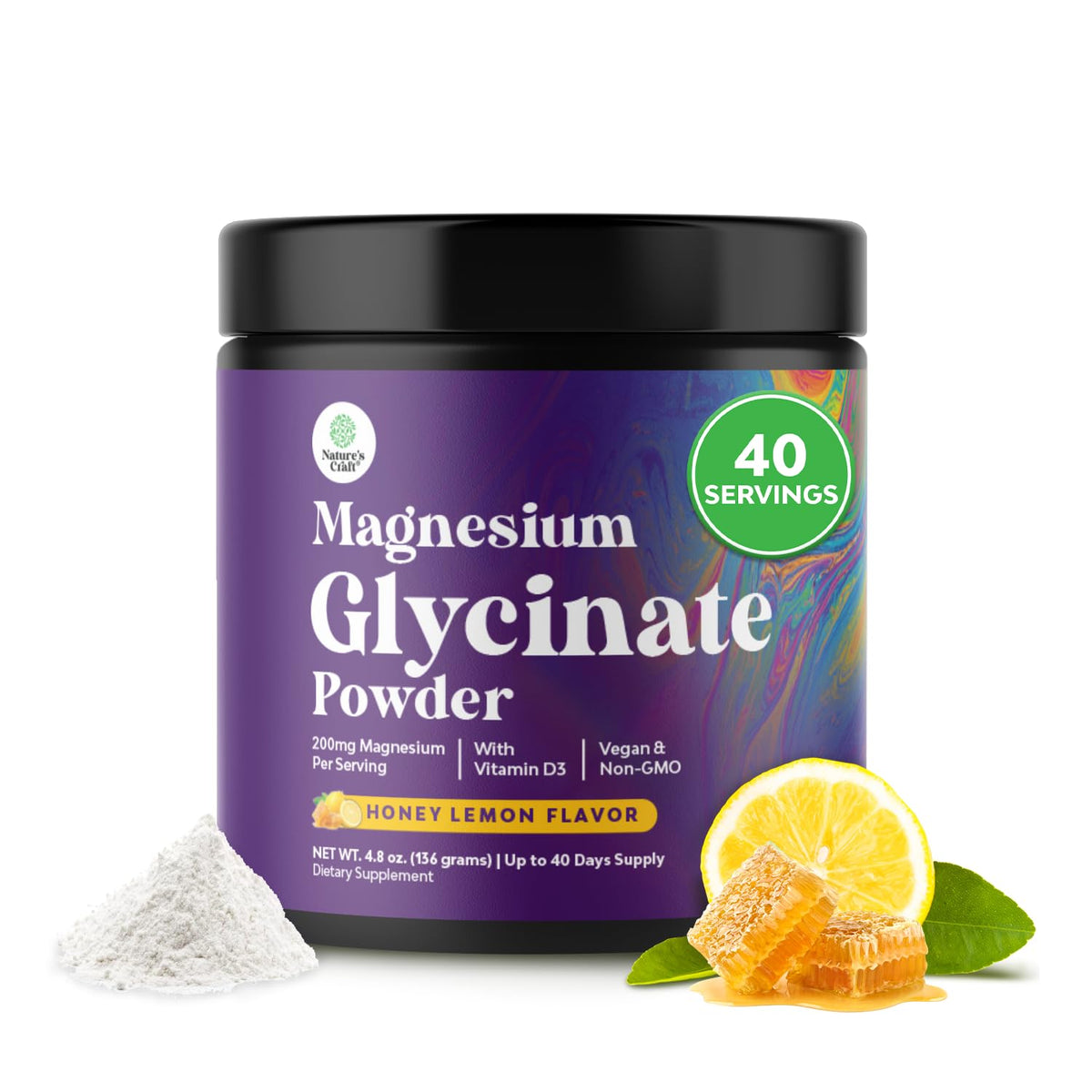High-absorption magnesium glycinate powder with honey lemon flavor (40 servings)