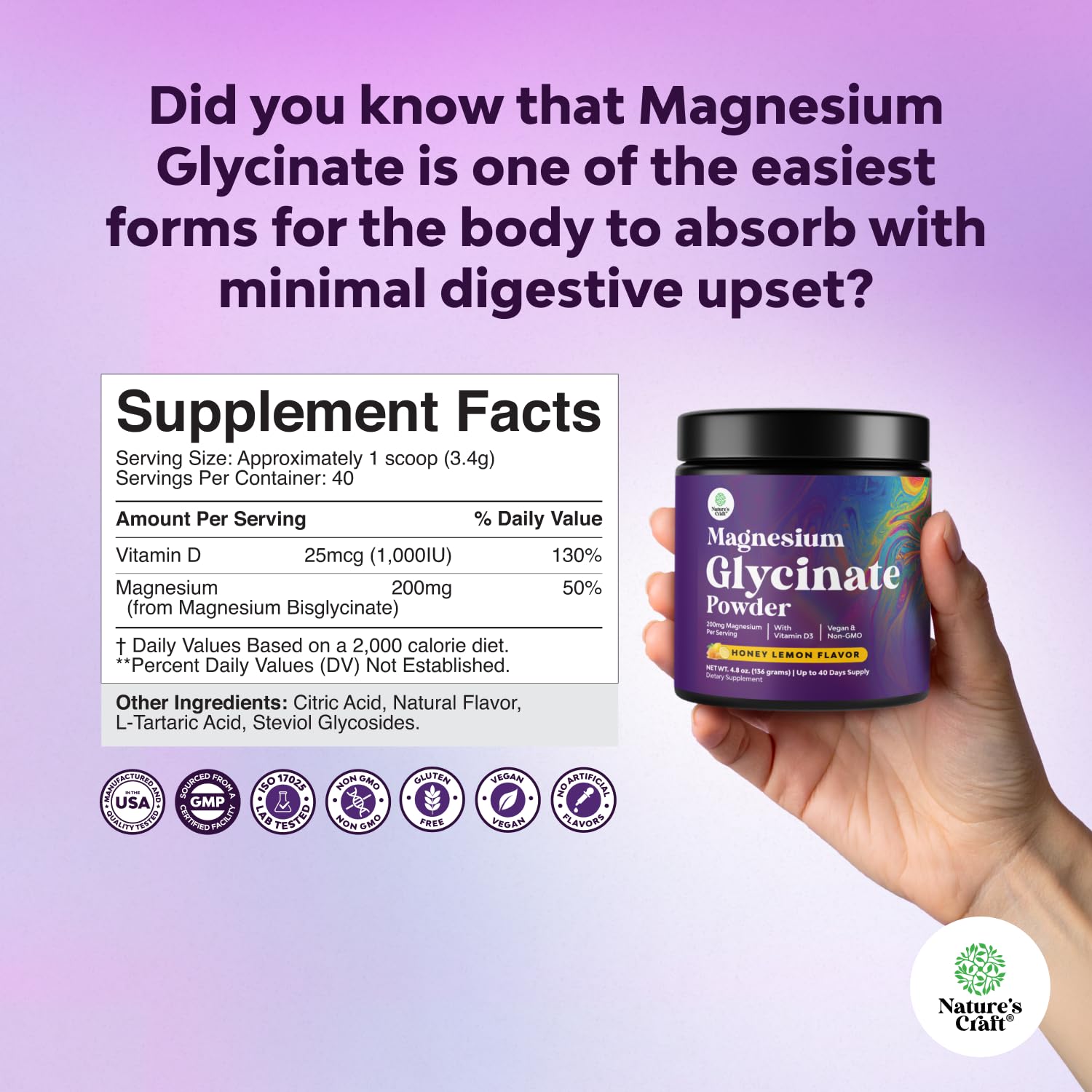 Ingredients and benefits of vegan magnesium glycinate powder