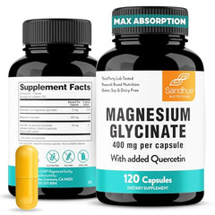 Bottle of Magnesium Glycinate 400mg with Quercetin 120-count label
