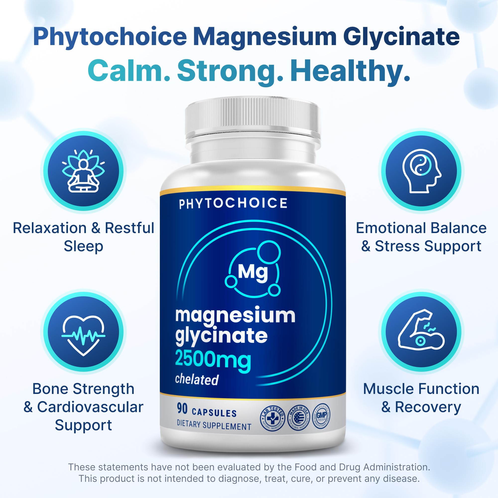 Serving graphic showing 275 mg elemental magnesium per serving from 2,500 mg magnesium glycinate