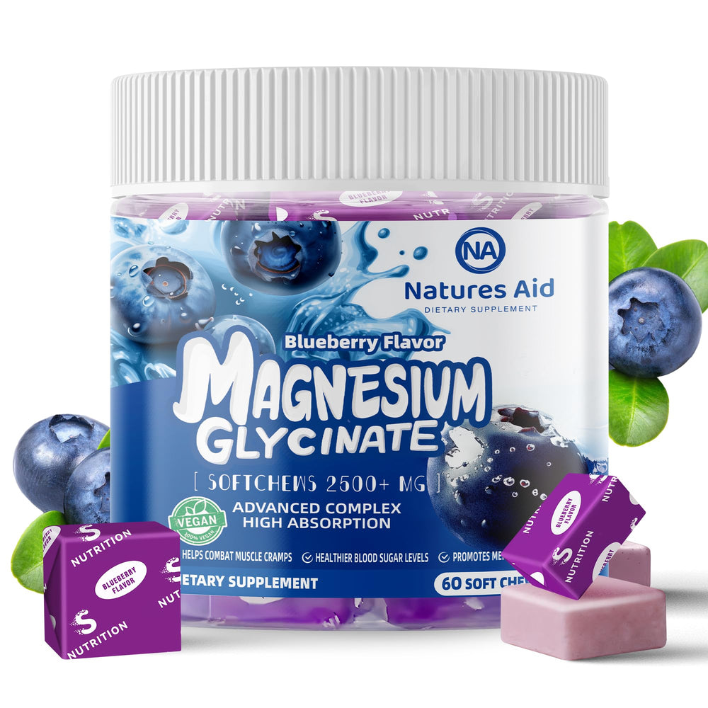 Blueberry-flavored Magnesium Glycinate Soft Chews bottle with chews