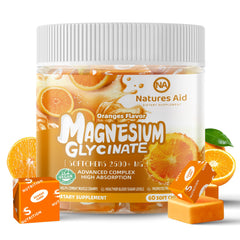 Orange-flavored magnesium glycinate soft chews bottle and label