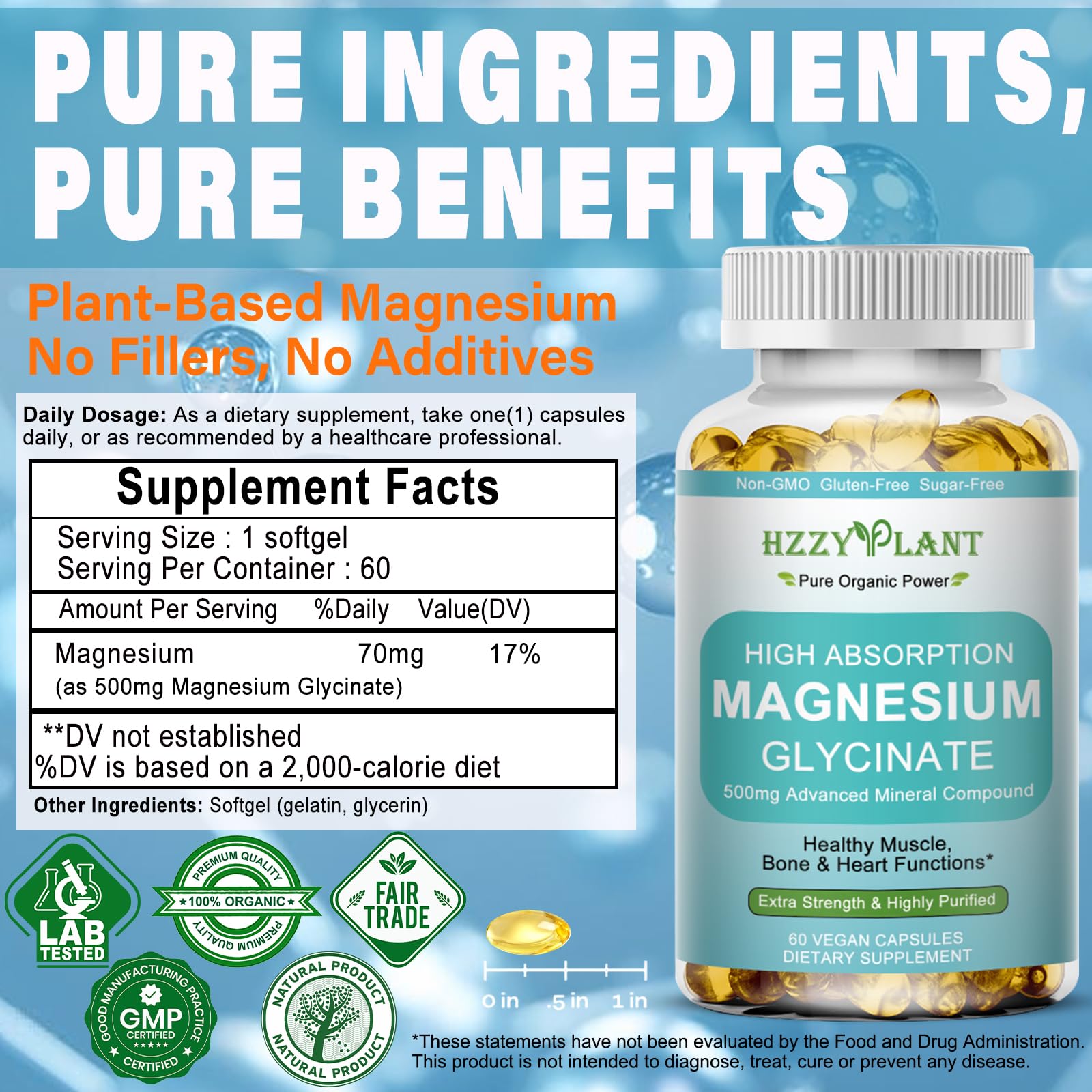 Close-up of Magnesium Glycinate 500mg softgels bottle