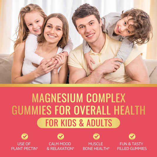 Close-up of gummies showing magnesium glycinate, taurate, citrate and malate blends