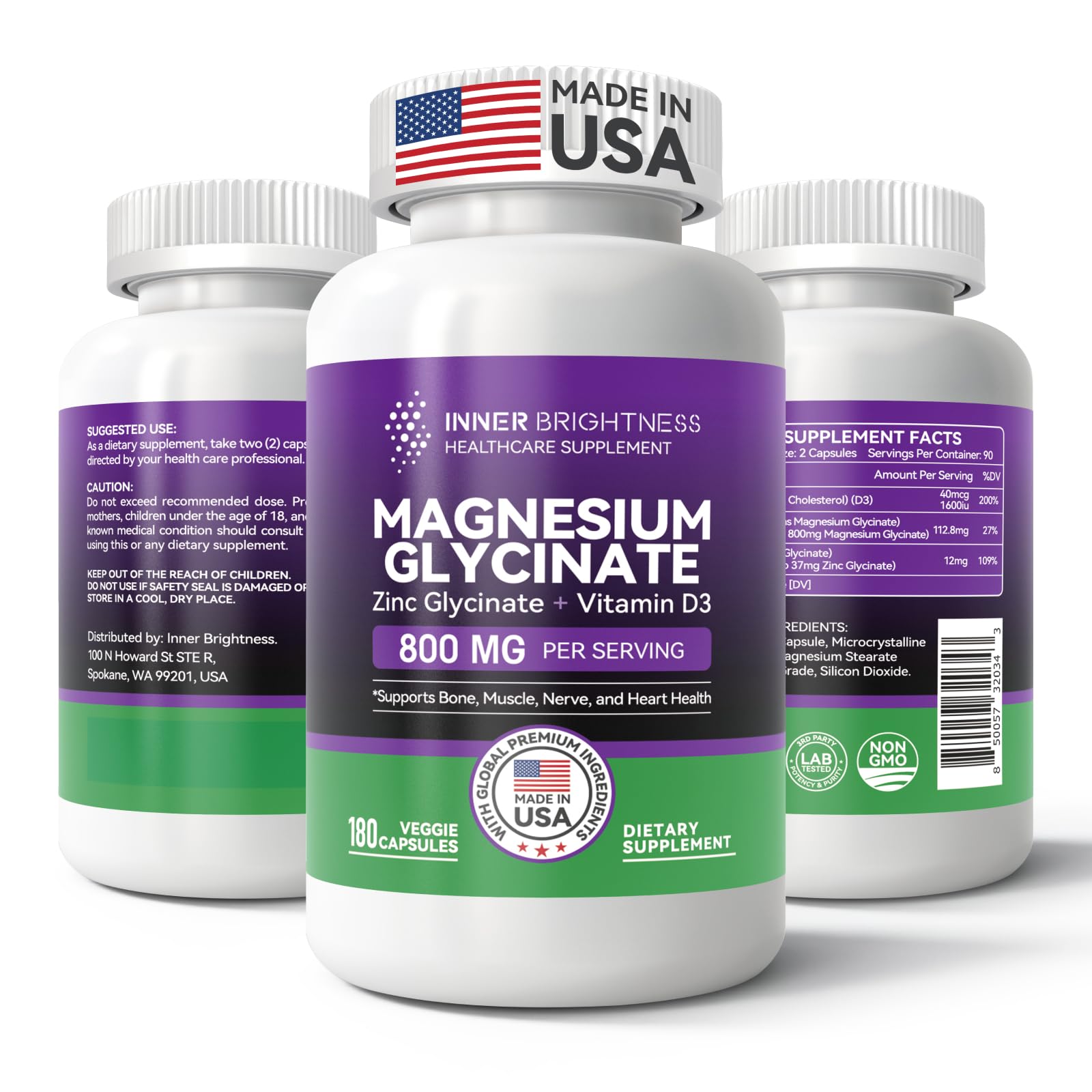 Front label: Magnesium Glycinate with Zinc and Vitamin D3 for sleep and immune support
