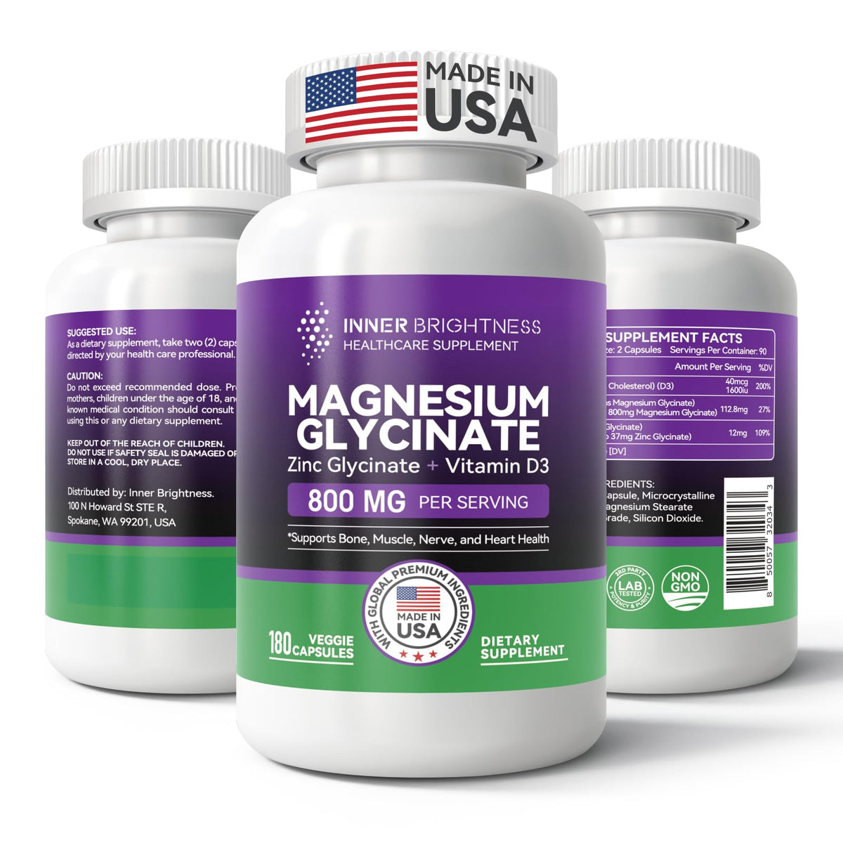 Front label: Magnesium Glycinate with Zinc and Vitamin D3 for sleep and immune support