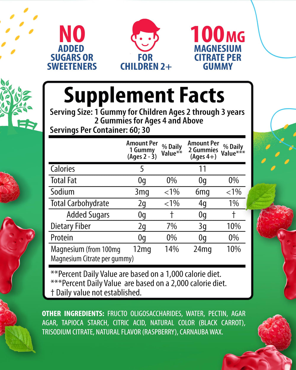 Back view of Magnesium Gummies raspberry bottle with nutrition facts