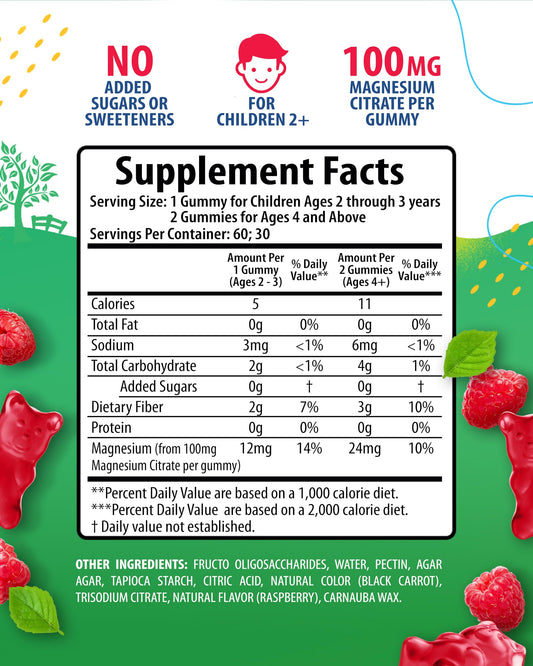 Back view of Magnesium Gummies raspberry bottle with nutrition facts