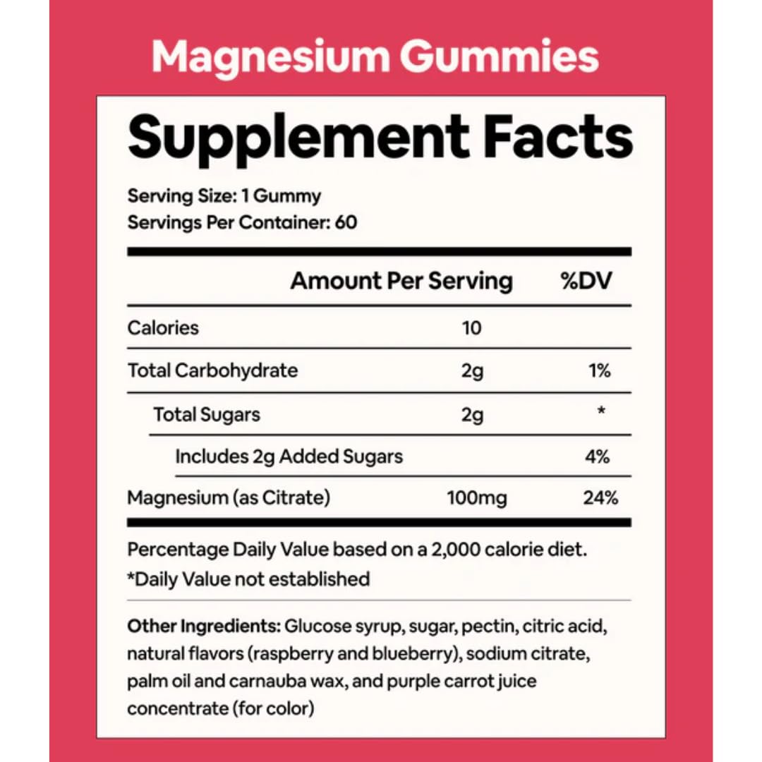 Close-up of magnesium gummies showing 100 mg per serving for sleep and immunity