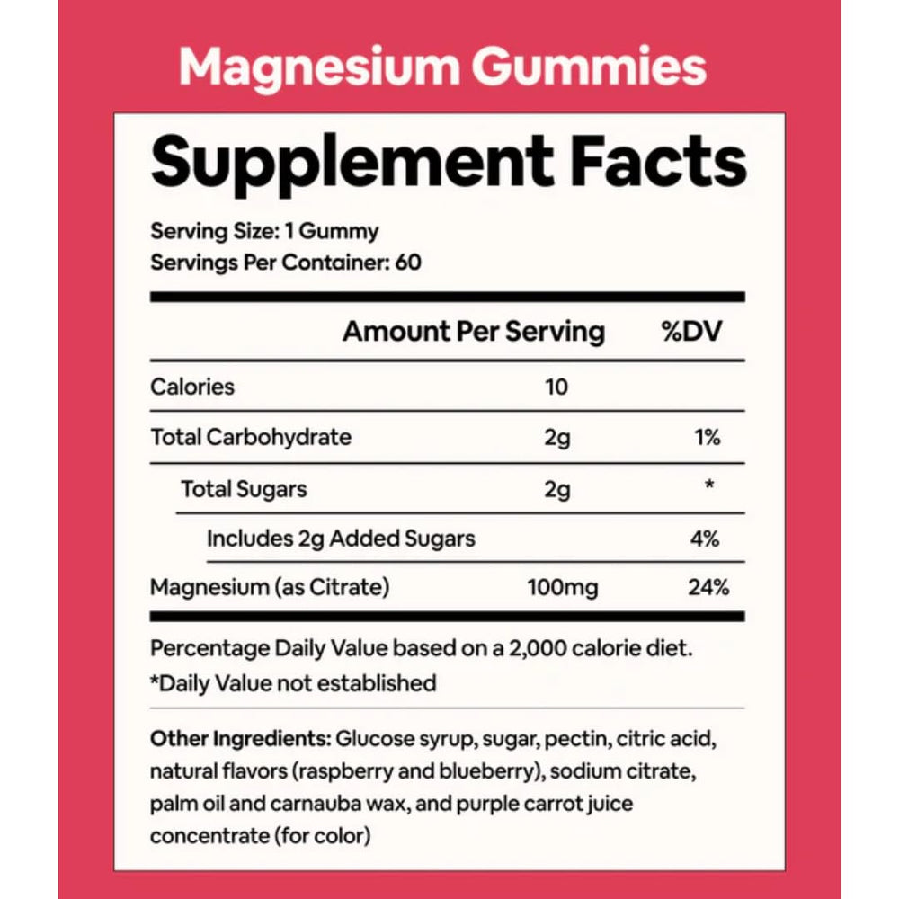 Close-up of magnesium gummies showing 100 mg per serving for sleep and immunity