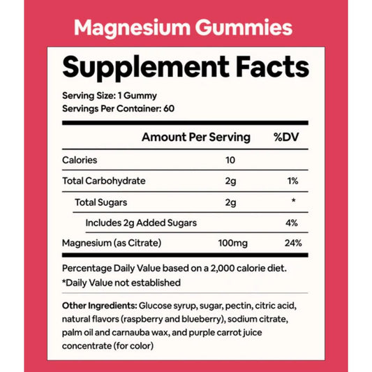 Close-up of magnesium gummies showing 100 mg per serving for sleep and immunity