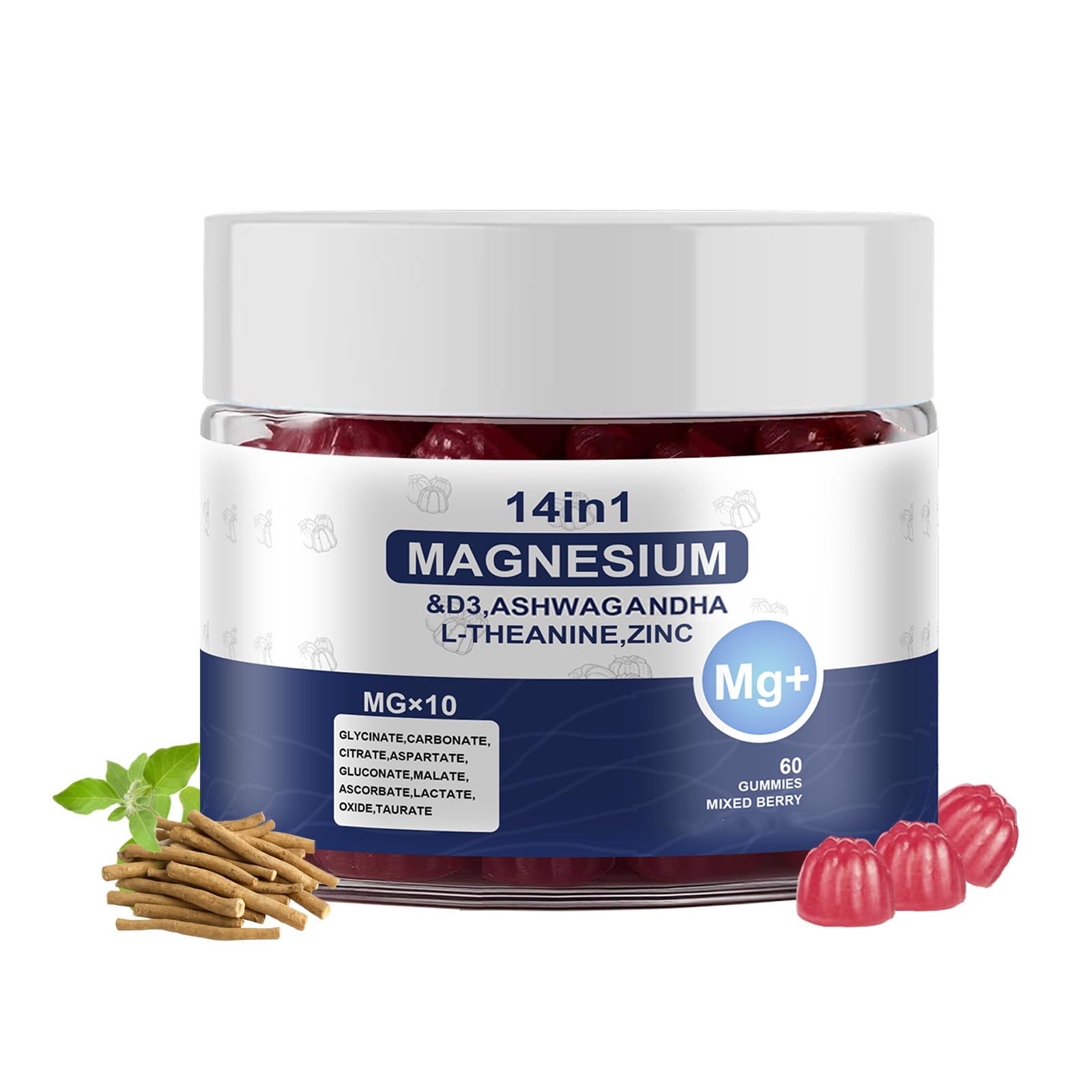 Front view of Magnesium Gummies 14-in-1 with Ashwagandha, L-Theanine, D3 & Zinc packaging